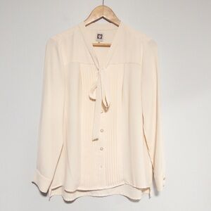 Anne Klein White Tie Front Blouse with Mandarin Collar